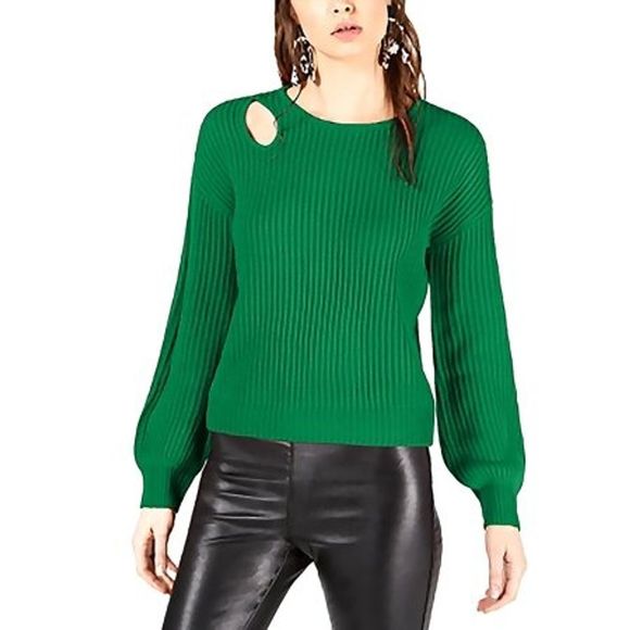 Bar III M Green Balloon-Sleeve Cutout Sweater - Picture 1 of 9